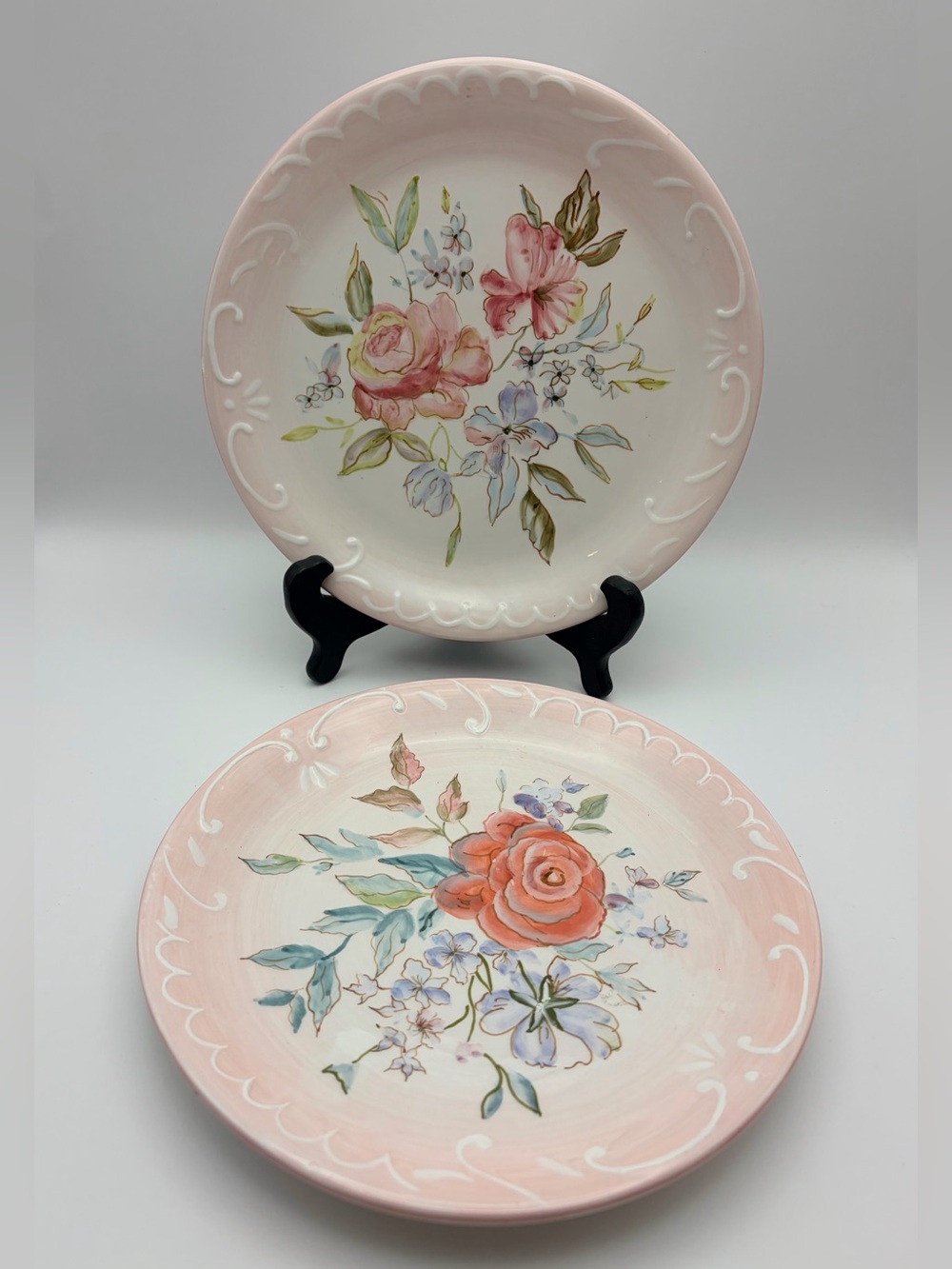Tracy Porter Plates, “Margo Collection”, Delicate Pink Rims, Floral Patterns